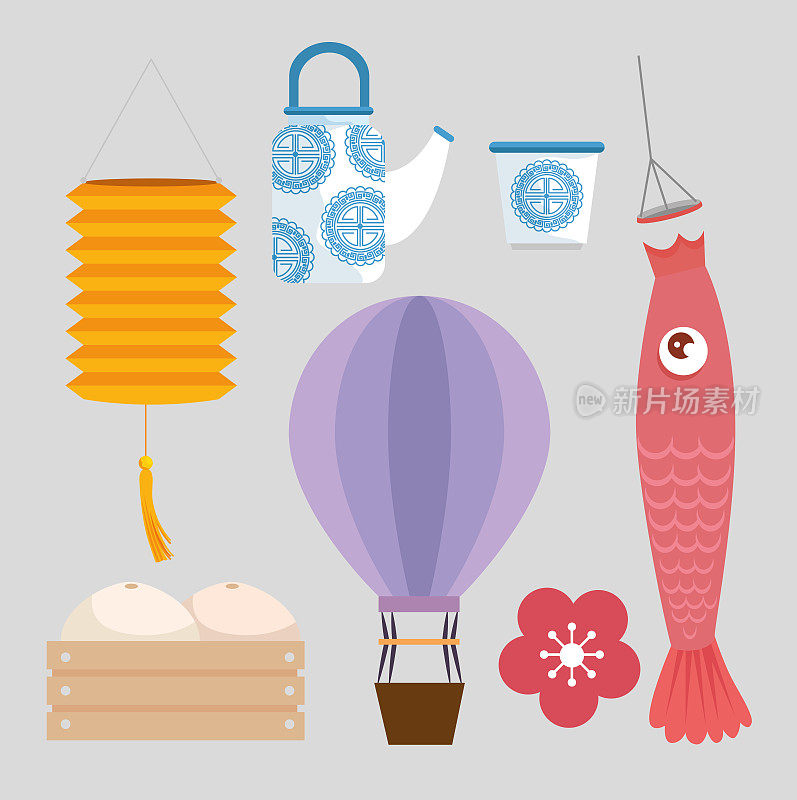 set of lanterns decoration with food and watering can with fish